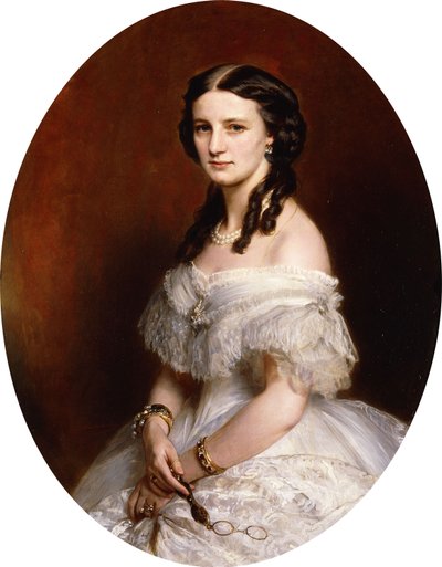 Porträtt av en dam, halvlångt, iklädd en vit klänning och håller ett par lunettes, av Franz Xaver Winterhalter