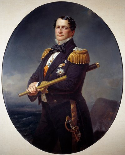 Porträtt av en amiral En marin amiral, med en lång vy, ett marint landskap på baksidan. Målning av Xaver Winterhalter (1806-1873) 1800-talets Brest, Museum of Fine Arts av Franz Xaver Winterhalter