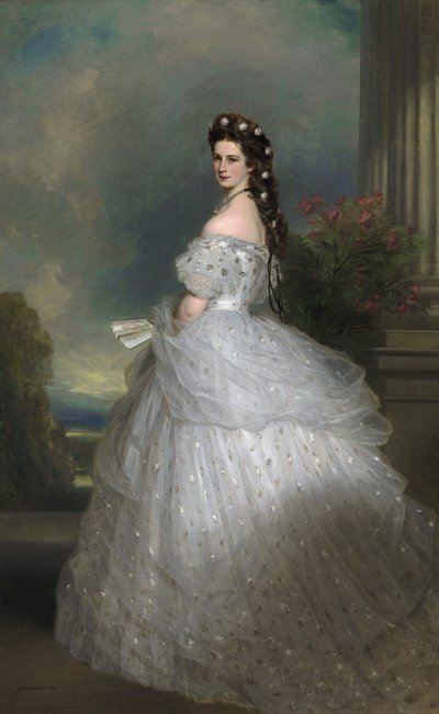 Portugisiska: Kejsarinnan Elisabeth av Österrike: Hennes hår pryds av stjärnor i vitt guld med diamanter. Kejsarinnan Elisabeth av Österrike i hövisk galaklänning med diamantstjärnor av Franz Xaver Winterhalter