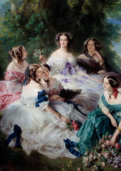 Impress Eugenie (1826-1920) 1855 omger hedersdamerna i Detail Palace, representerande prinsessan av Essling, baronessan av stenar, viscountessan Lezay-Marnesia, kejsaren högst upp i vitt och markisinnan av Montebello på de av Franz Xaver Winterhalter
