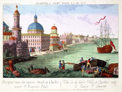 Utsikt över Lower Town i Quebec mot St. Lawrence River. Gravyr av Franz-Xavier Habermann av Franz Xavier Habermann