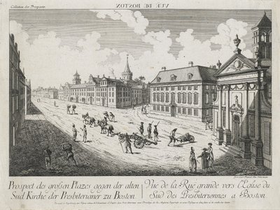 Vue d’Optique/Prospect des grossen Platser gegen der Alten Sud Kirche der Presbiterianer zu Boston (Optisk vy/vy över de stora torgen mot Old South Presbyterian Church i Boston), ca. 1776 (etsning och gravyr, ofärgad på lagt papper) av Franz Xavier Habermann