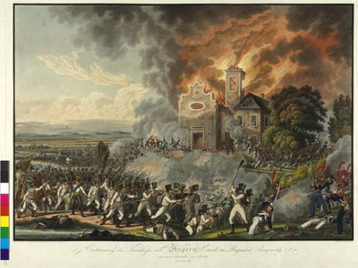 Slaget vid Aspern 1809 (gravyr i färg) av Franz von Habermann
