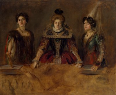 Gruppporträtt: tre damer i kostym (fröken Heuberger, fru Obermayer och fru Putz) av Franz von Lenbach
