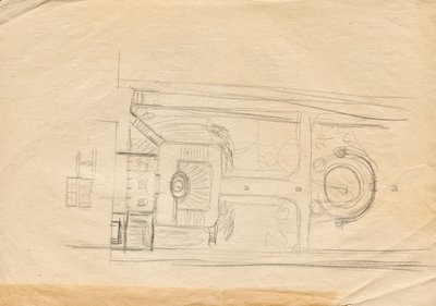 Designskisser till Matschs ateljévilla - trädgårdsfasad och planlösning av Franz von Matsch