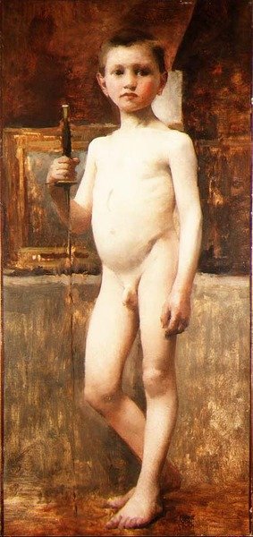 Naken pojke med svärd (olja på duk) av Franz von Stuck