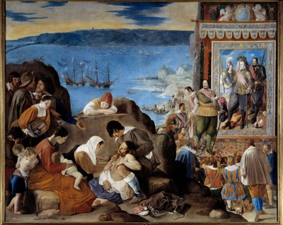 Allegori om övertagandet av Salvador de Bahia (Brasilien) av en portugisisk, spansk och indisk armé under befäl av Fadrique Alvarez de Toledo y Mendoza (1580-1634) den 1 maj 1625 (Återerövringen av Bahia i Brasilien) - Vänster: lidandet av offren - Höger:  av Fray Juan Batista Maino or Mayno