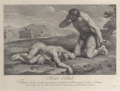 Adam knäböjer i sorg bredvid Abels kropp, medan Kain flyr i bakgrunden, ca. ..., ca. 1729. av Frédéric Horthemels