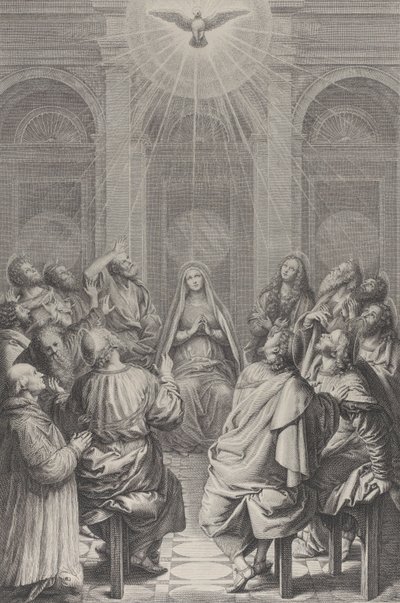 Pingstdagen, med apostlarna och jungfrun sittande i en cirkel, den Helige Ande ap..., 1729-40. av Frédéric Horthemels