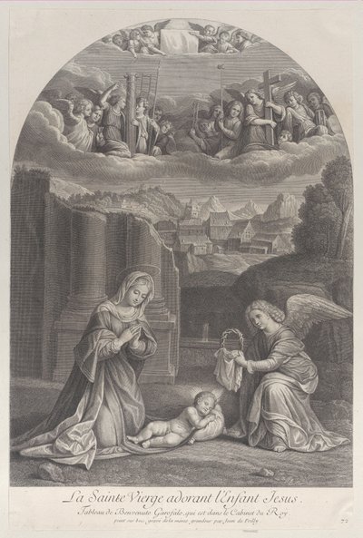 Jungfru Maria avgudar Kristusbarnet, en ängel som håller en törnekrona till höger,..., ca. 1729. av Frédéric Horthemels