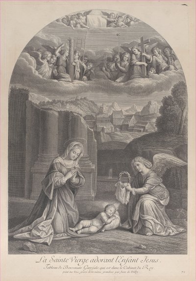 Jungfru Maria avgudar Kristusbarnet, en ängel som håller en törnekrona till höger,..., ca. 1729. av Frédéric Horthemels
