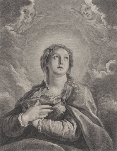 Jungfrun, händerna vikta på bröstet, tittar uppåt, 1729-40. av Frédéric Horthemels