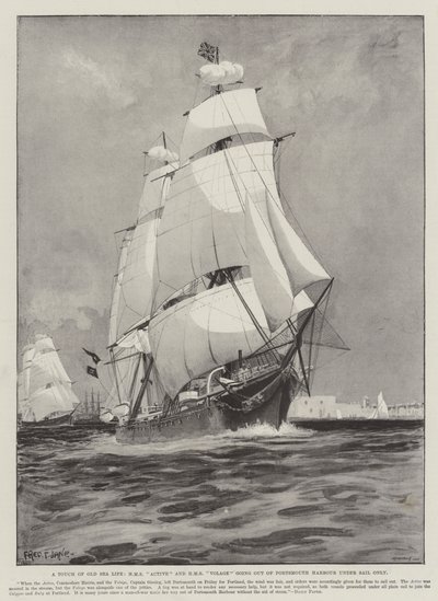 En touch av gammalt sjöliv, HMS Active och HMS Volage på väg ut ur Portsmouths hamn med segel. av Fred T. Jane