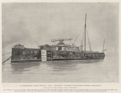 En avbruten målövning, HMS Belleisle förberedde sig för ytterligare skytteexperiment av Fred T. Jane