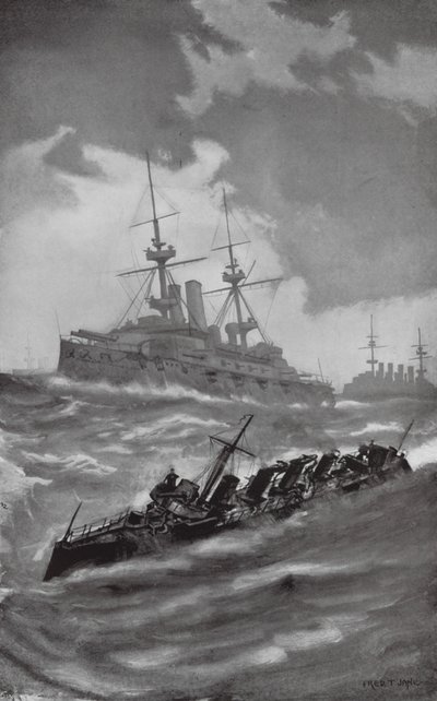 HMS Mars, Terrible och Dragon på kryssning i Engelska kanalen (litografi) av Fred T. Jane