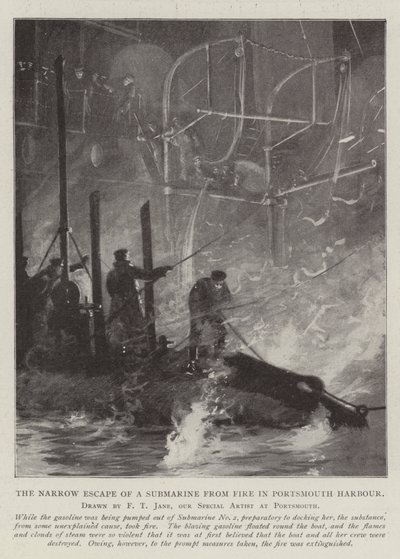En ubåts smala flykt från en brand i Portsmouths hamn av Fred T. Jane