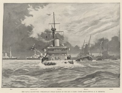 Sjömanövrarna, preliminära ångtaktiker för Red B-flottan, under konteramiral E H Seymour av Fred T. Jane