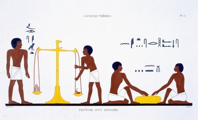 Rituals of Death (ämne oklart), från en sällsynt uppteckning av fresker från Thebe, inspelad 1819-1822 vid hans andra besök i Egypten av Frederic Cailliaud (1787-1869) (lito i färg) av Frederic (after) Cailliaud