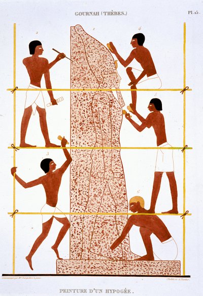 Stenhuggare gör kolossala staty av farao, från en sällsynt uppteckning av fresker från Thebe, inspelad 1819-1822 vid sitt andra besök i Egypten av Frederic (after) Cailliaud