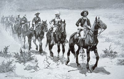Amerikanska "buffalosoldater" som marscherar i öknen, från en teckning från 1888 (gravyr) av Frederic (after) Remington