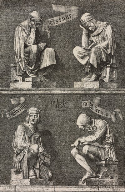 Allegory of Study, dekorativa figurer vid basen av statyn av Martin Schongauer skapad av Auguste Bartholdi (1834-1904) för klostret Unterlinden, Colmar, Frankrike av Frederic Auguste Bartholdi