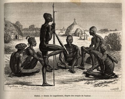 Dinkas från byn Koudj (Senegal), vars kropp täckt med aska, för att skydda dem från insekter och parasiter är också ett kosmetiskt och socialt inslag, graverat efter Laguillermies teckning, som illustrerar resan till Afrikas hjärta 1868-1871 av Frederic Auguste Laguillermie
