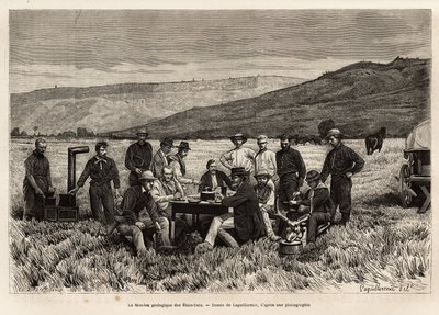 USA:s geologiska uppdrag är ungt på slätten, etsat efter teckningen av Laguillermie, som illustrerar en uppsättning geografiska uppdrag genom United States National Park, från 1870 till 1872, av herrarna Hayden, Doane och Langford, publ. av Frederic Auguste Laguillermie