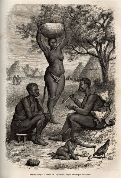 Typer och aktiviteter av kvinnliga Bongos (Centralsudan), med sin metallprydnad, klockor och häftklamrar som de sätter på sina öron och läppar, graverade efter teckningen av Laguillermie, som illustrerar resan till Afrikas hjärta 1868-1871, av Dr. Geor av Frederic Auguste Laguillermie