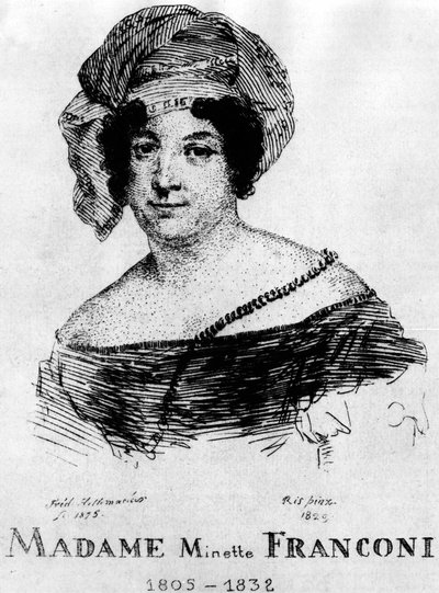 Cirkus: Eau forte av Frédéric Hillemacher, porträtt av Mrs. Minette Franconi (1805-1832) - i "The Franconi Circus". av Frederic Desire Hillemacher