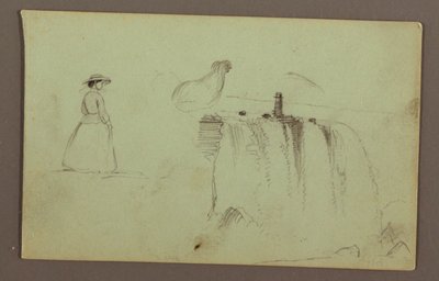 En promenadflicka, en hukande kyckling och American Falls på Niagara River av Frederic Edwin Church