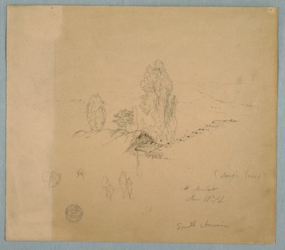 Teckning, Ett halmtak och ett tegeltak med trädtoppar i ett bergigt landskap nära Chimborazo, Ambato, Ecuador, 17 juni 1857 av Frederic Edwin Church