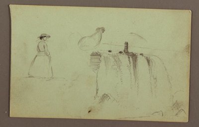 Teckning, En gående flicka, en hukande kyckling och de amerikanska vattenfallen vid Niagarafloden, möjligen 1856 av Frederic Edwin Church