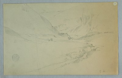 Teckning, Andinsk bergsdal med slingrande bäck, Colombia eller Ecuador, 1857 av Frederic Edwin Church