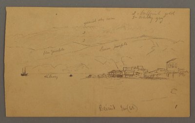 Teckning, vik med hus och berg i bakgrunden, januari 1868 av Frederic Edwin Church