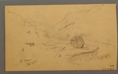 Teckning, vik med hus och berg i bakgrunden, januari 1868 av Frederic Edwin Church