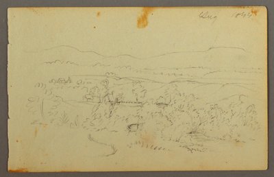 Ritning, Bred dalgång med gårdar, 1844 av Frederic Edwin Church