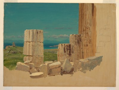 Teckning, Brutna pelare, utsikt från Parthenon, Aten, april 1869 av Frederic Edwin Church