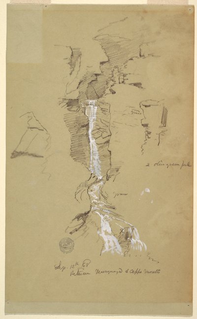 Ritning, kaskad mellan Ceppo Morelli och Macugnaga av Frederic Edwin Church