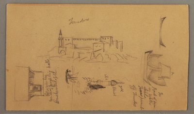 Ritning, Slott, Minaret, Segelbåtar, Hus, maj 1868 av Frederic Edwin Church