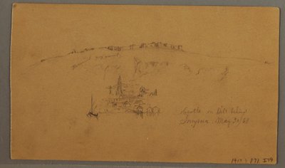 Ritning, Slott, Minaret, Segelbåtar, Hus, maj 1868 av Frederic Edwin Church