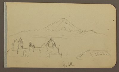 Teckning, katedral, berg, Cuautla; Verso: Hus, kyrka, träd Cuautla, februari 1885 av Frederic Edwin Church