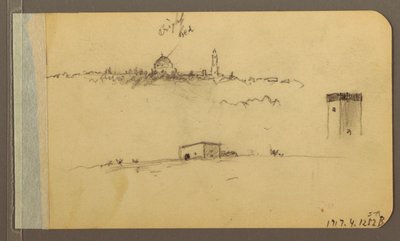 Teckning, Kyrka, torn, hus; Verso: Bergskedja, 1889 av Frederic Edwin Church