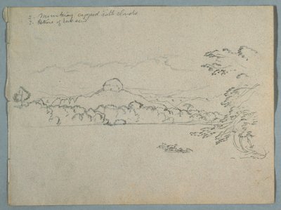 Teckning, Molnbeklätt sydamerikanskt bergslandskap sett vid en bukt, del 1, 1853, troligen maj av Frederic Edwin Church