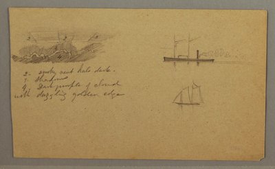 Teckning, Molnstudie, ångbåt, segelbåt, möjligen 1865-66 av Frederic Edwin Church