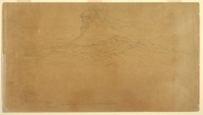 Teckning, Cotapaxi-vulkanen i utbrott bakom bergskedjor, Ecuador, 1857 av Frederic Edwin Church