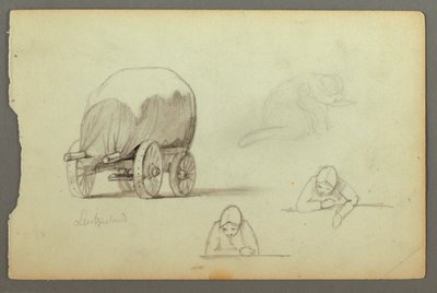 Teckning, Täckt vagn, Tre studier av en kvinna, möjligen 1868 av Frederic Edwin Church
