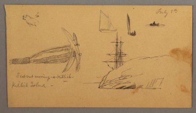 Teckning, Hund, segelbåtsstudier, ankare, klippor, möjligen 8 juli 1859 av Frederic Edwin Church