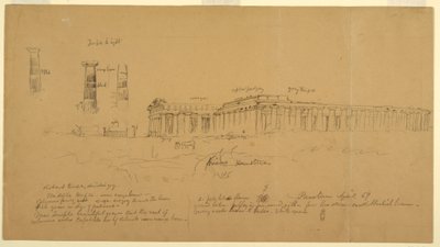 Ritning, Doriska grekiska tempel för Athena (tidigare Ceres), Hera II (tidigare Neptunus) och Hera I (tidigare Basilika), Paestum, Salerno, Italien, april 1869 av Frederic Edwin Church