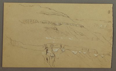 Ritning, El Yemen-dalen, Arabien: Klippvägg med den övre delen som liknar en rad kolonner, 20 februari 1868 av Frederic Edwin Church