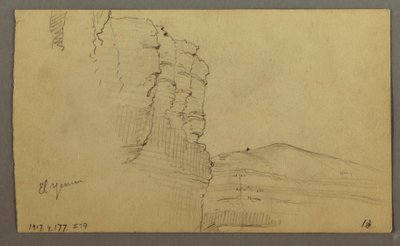 Ritning, El Yemen-dalen, Arabien: Klippvägg med den övre delen som liknar en rad kolonner, 20 februari 1868 av Frederic Edwin Church